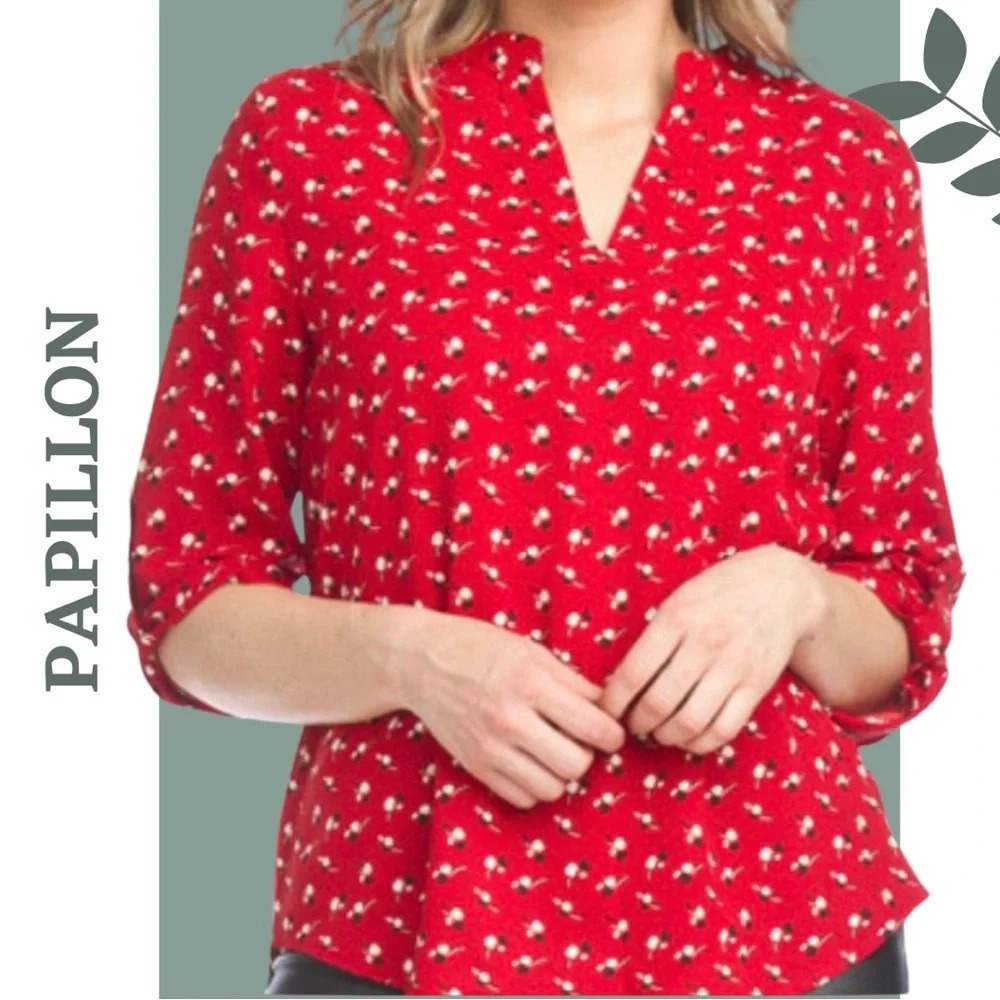 Papillon Red Blouse Spit V Neck Top Red Black White